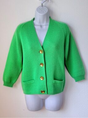 Bright Green V-Neck Gold Button Front Women's Cardigan Cropped Sleeves Size 10